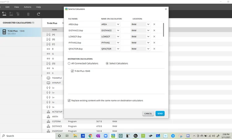This will open another window in the TI Connect CE program that looks like this. You shouldn't have to make any adjustments or additions to this page - but if you want to play it safe, just make sure you have all the same boxes checked as I do in this image.